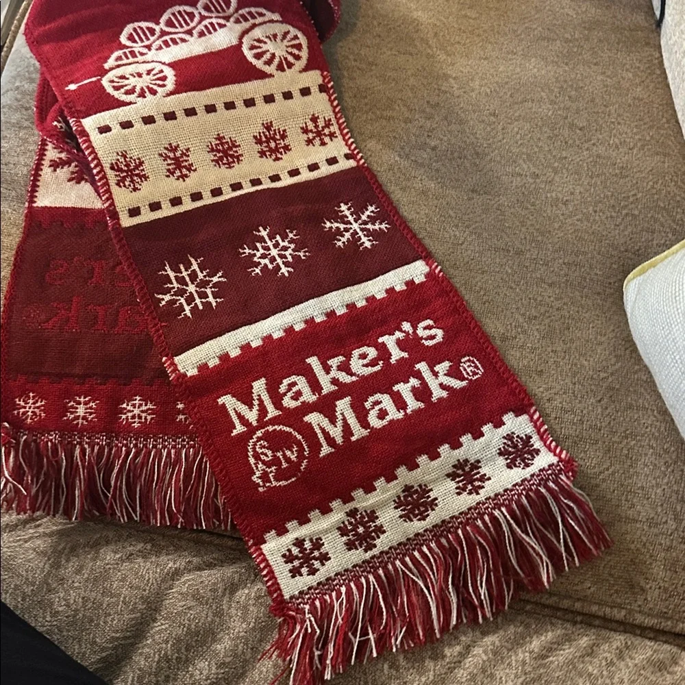 Maker’s Mark Bourbon Holiday Scarf Red Cream Snowflake Whiskey Unisex